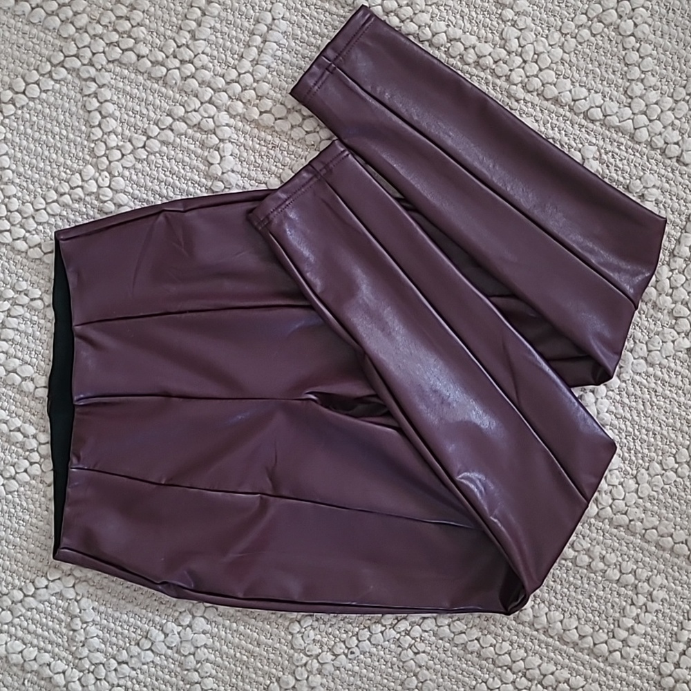 Vegan Leather Pull On Pants Dark Maroon Size S